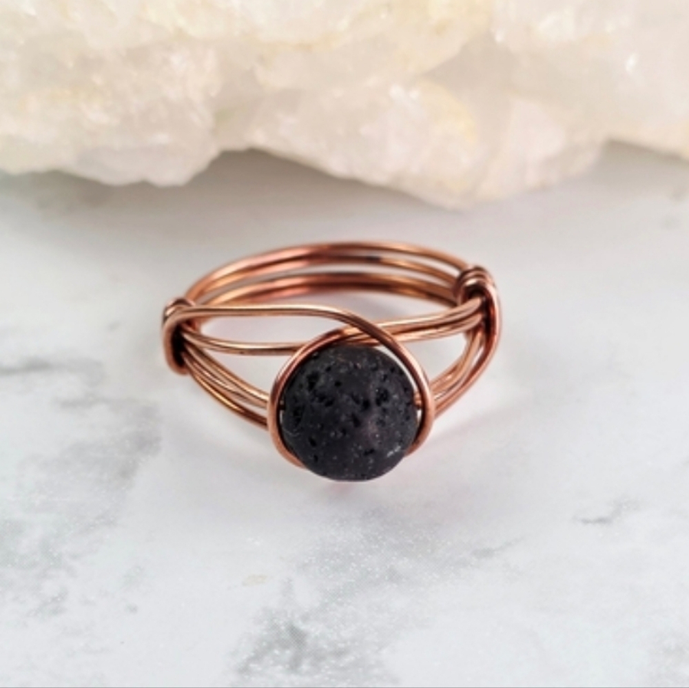 Lava Basalt Ring Copper Wire Wrapped Artisan Handmade Size 6.75 Women Jewelry